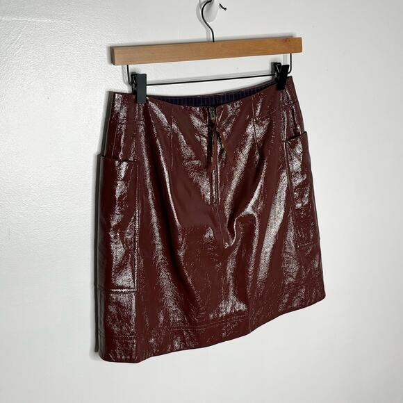 Anthropologie Maeve Skirt Faux Patient Leather Womens 4 Brown Pockets Mini - Picture 10 of 11
